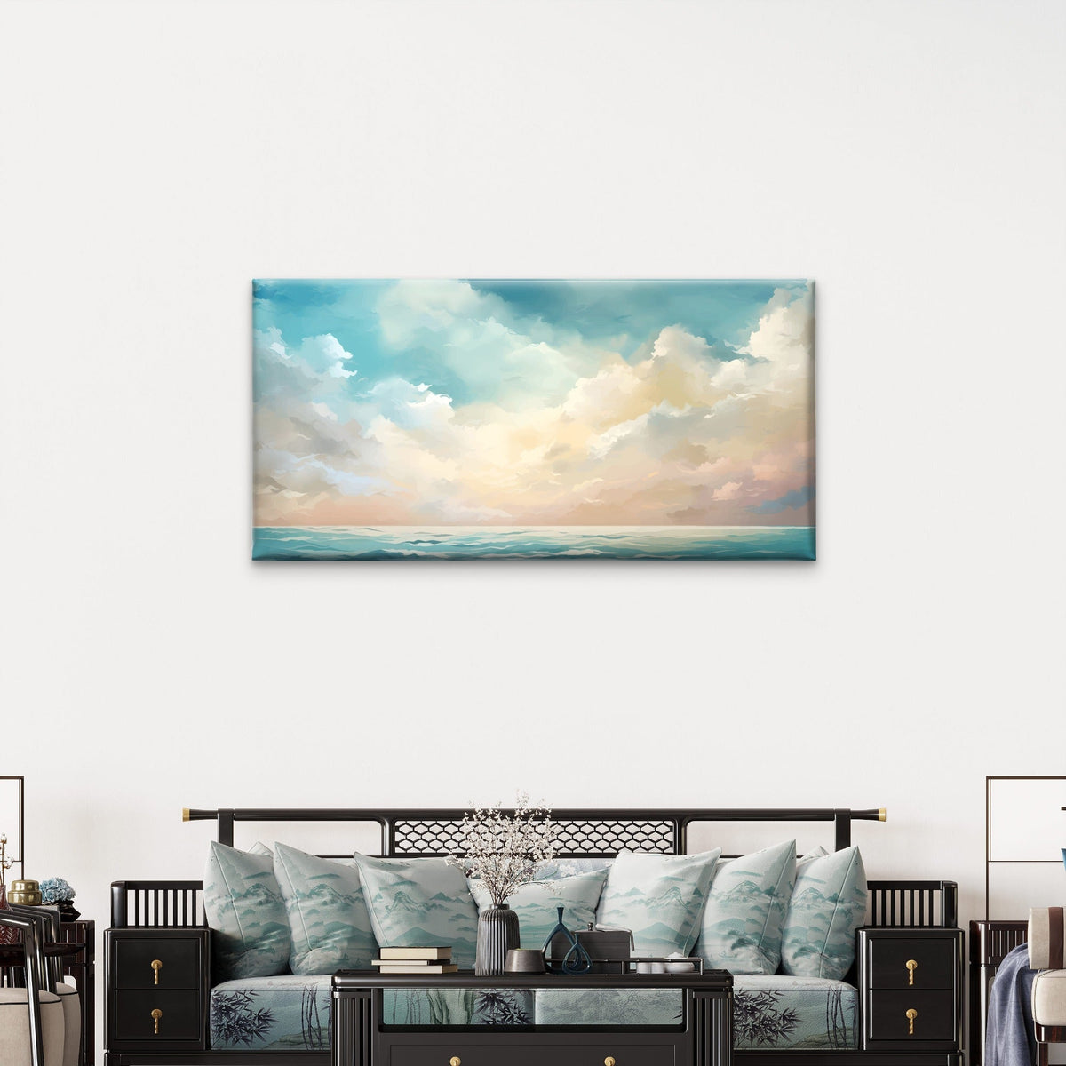 Calm Blue Sea Fluffy Cloud Wall Art Canvas Office Home Room Framed 120x60cm