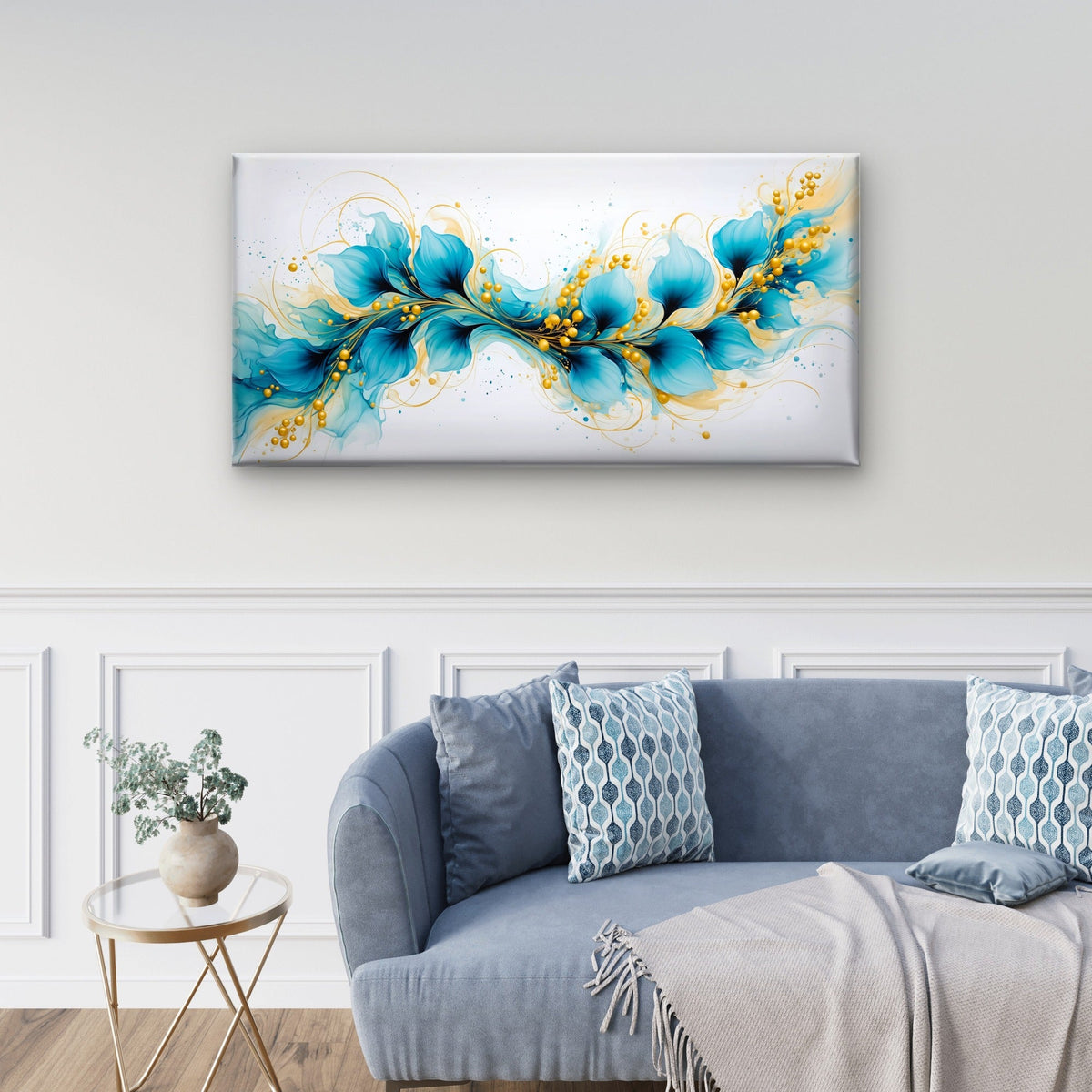 Abstract Teal Blue Flowers Gold Accents Swirls Wall Art Canvas Office Home Room Framed 80x45cm