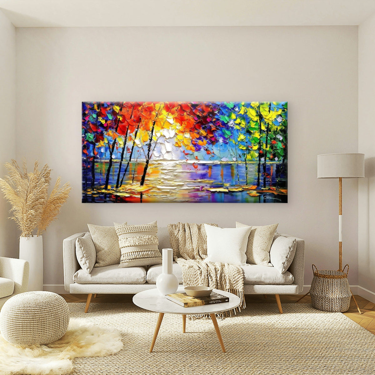 Abstract Trees And Lake Lands Wall Art Canvas Office Home Room Framed 80x45cm