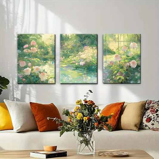 3pcs Tranquil Garden Rose & Butterflies Metal Print Ready to Hang Art