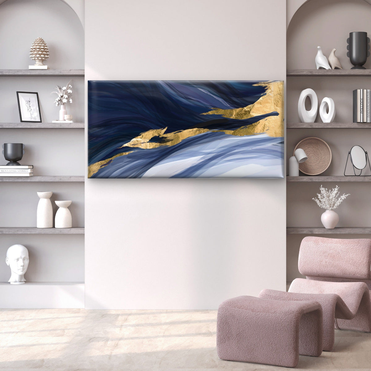 Navy Blue Indigo Marble Gold Wall Art Canvas Office Home Room Framed 120x60cm