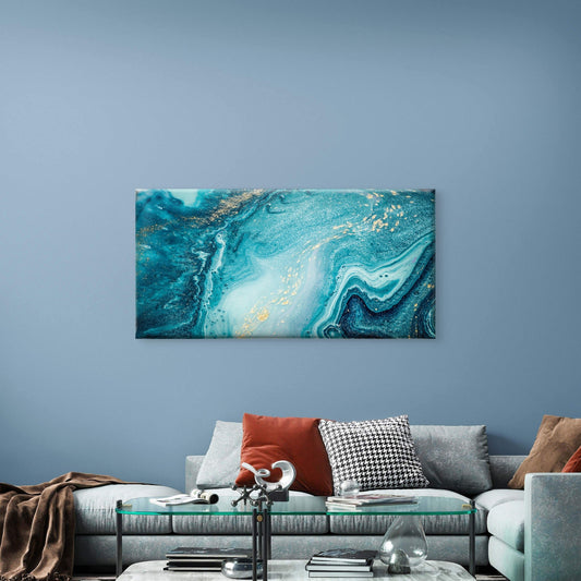 Abstract Teal Turquoise Ocean Fluid Wall Art Canvas Office Home Framed 80x45cm