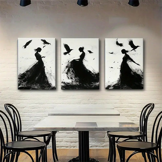 3pcs Silhouettes with Birds and Fluid Black & White Metal Print Ready to Hang Art