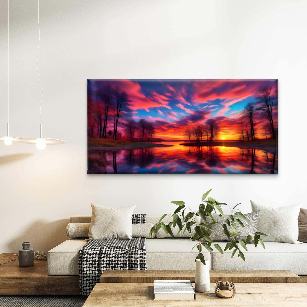 Fiery Sunset Reflection Scene Wall Art Canvas Office Home Room Framed 80x45cm