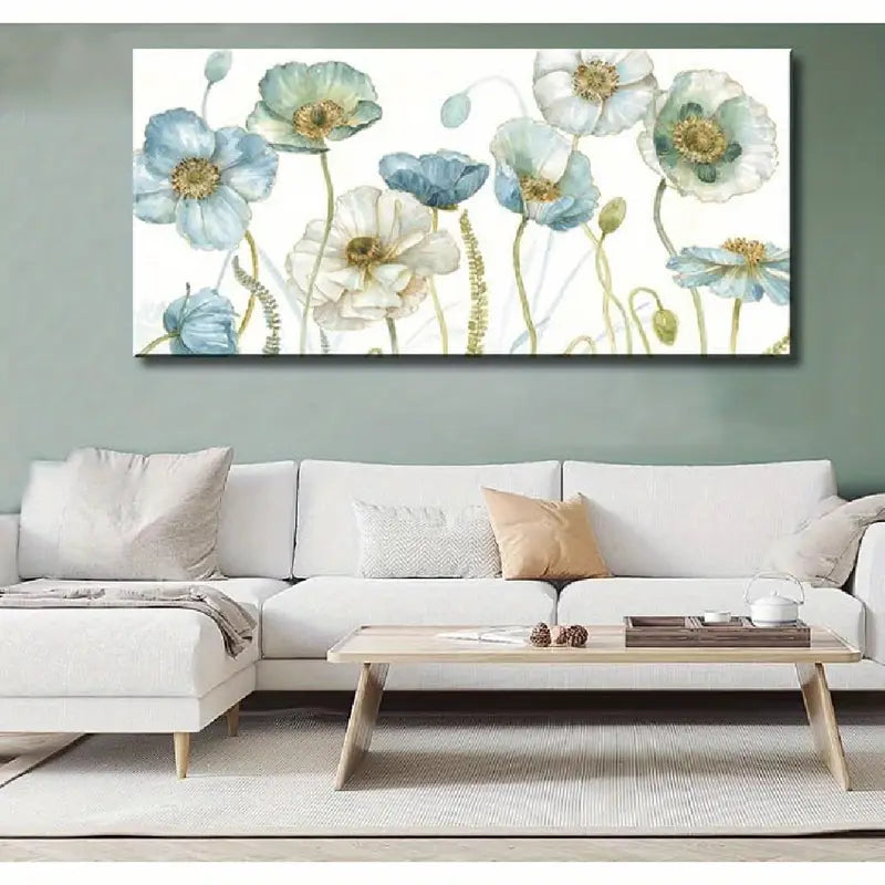 Vintage Blue Floral Greenhouse Flowers Wall Art canvas office home room framed 80x45cm