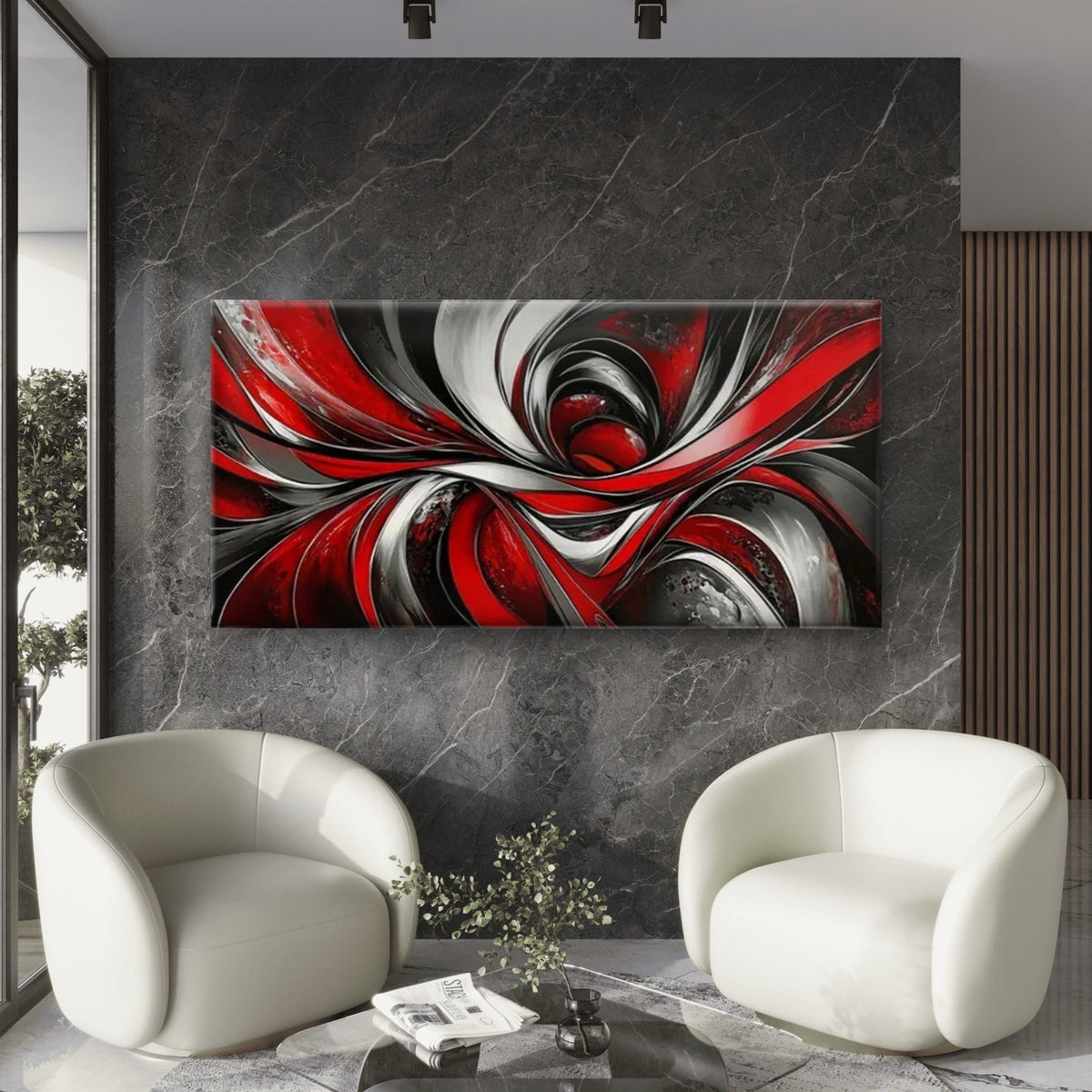 Swirling Red White Black Wall Art Canvas Office Home Room Framed 80x45cm