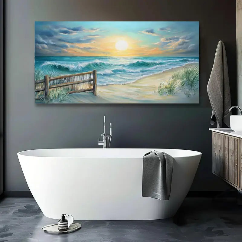Nautical Sunset Beach Ocean Waves Coastal Wall Art canvas office home room framed 120x60cm