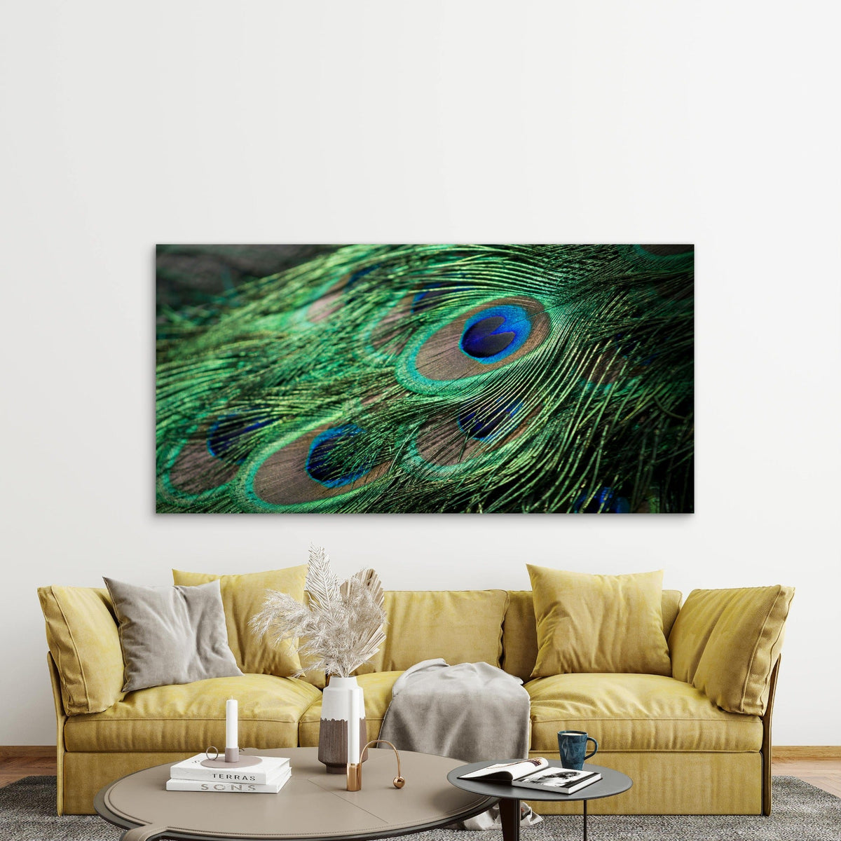 Vibrant Peacock Feather Eyes Wall Art Canvas Office Home Room Framed 80x45cm