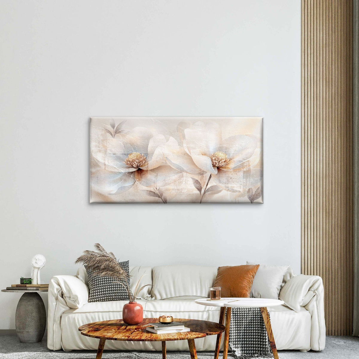 Abstract Cream Beige Blossom Flora Wall Art Canvas Office Home Framed 80x45cm