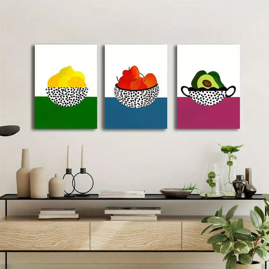 3pcs Lemon, Apple, Avocado with Pine Colorful Fruit Metal Print Ready to Hang Art