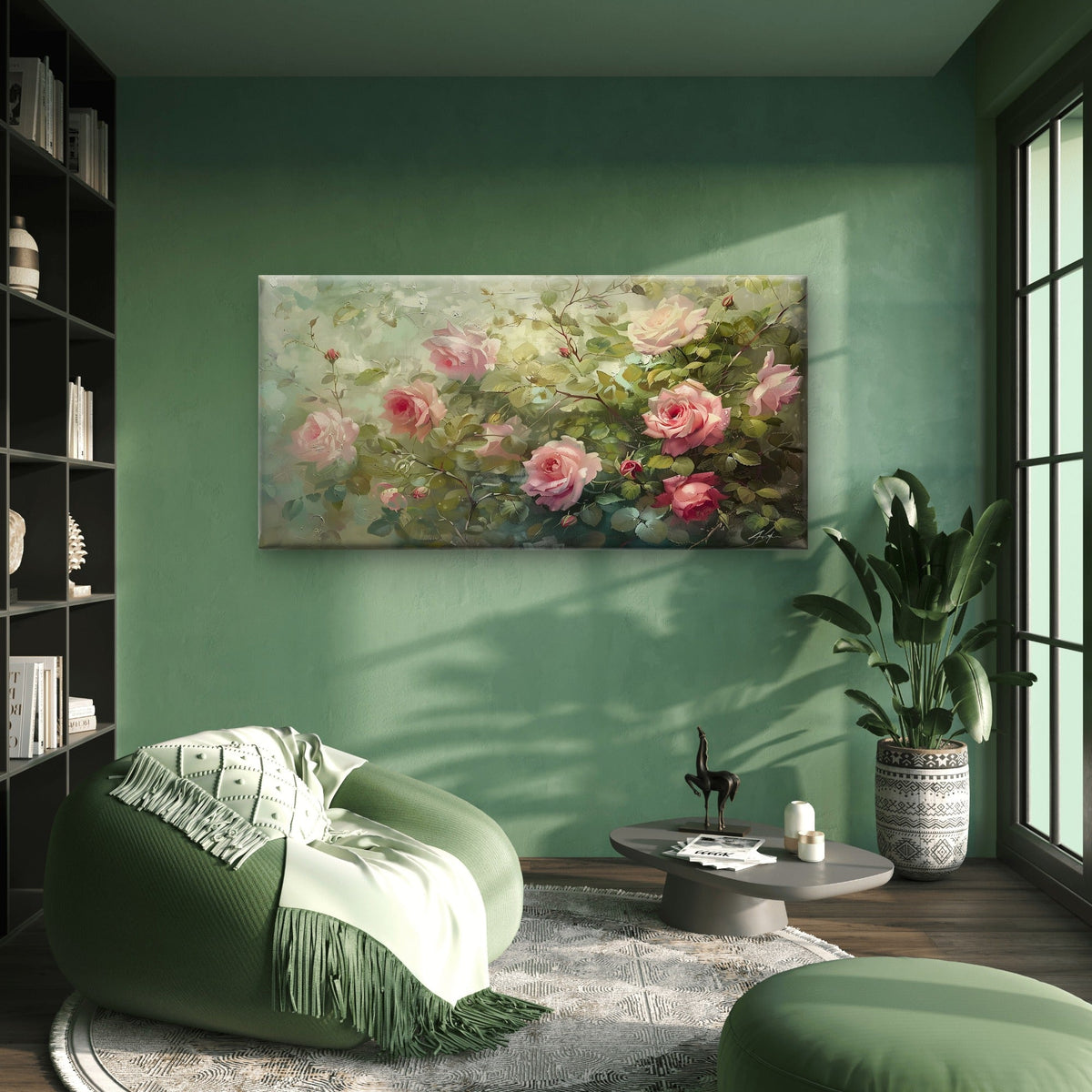 Pink Rose Bush Oil Painting Wall Art Canvas Office Home Room Framed 120x60cm