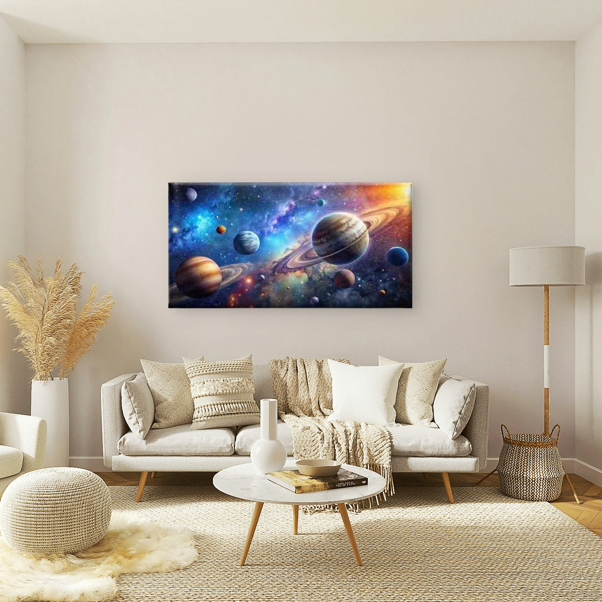 Depiction of Planets in Space Wall Art Canvas Office Home Room Framed 120x60cm