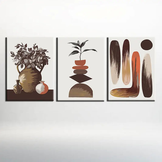 3pcs Nature & Geometry Oil Painting Brown Pot Metal Print Ready to Hang Art