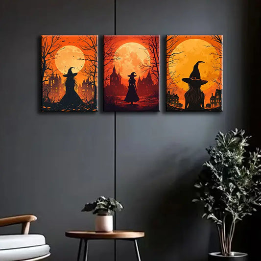 3pcs Witch at Sunset Metal Print Ready to Hang Art