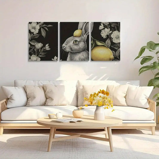 3pcs Gray Rabbit with Lemons in Ears Floral Metal Print Ready to Hang Art