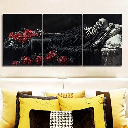 3pcs Luxurious Gothic Skeleton with Roses Metal Print Ready to Hang Art