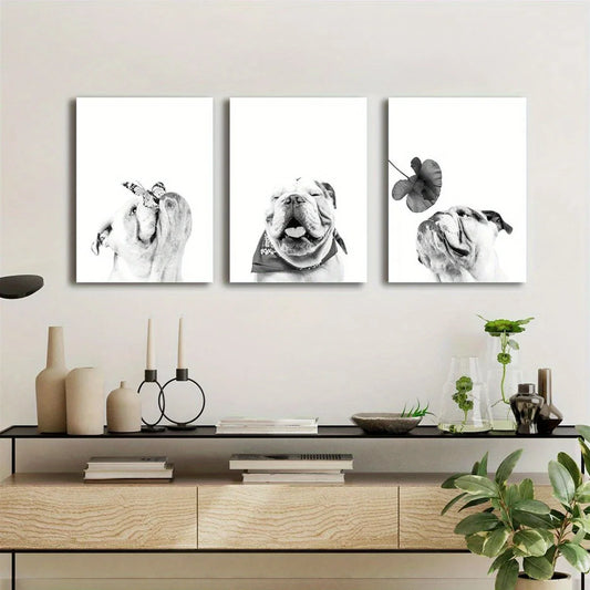 3pcs English Bulldog Puppy Black & White Classic Design Metal Print Ready to Hang Art