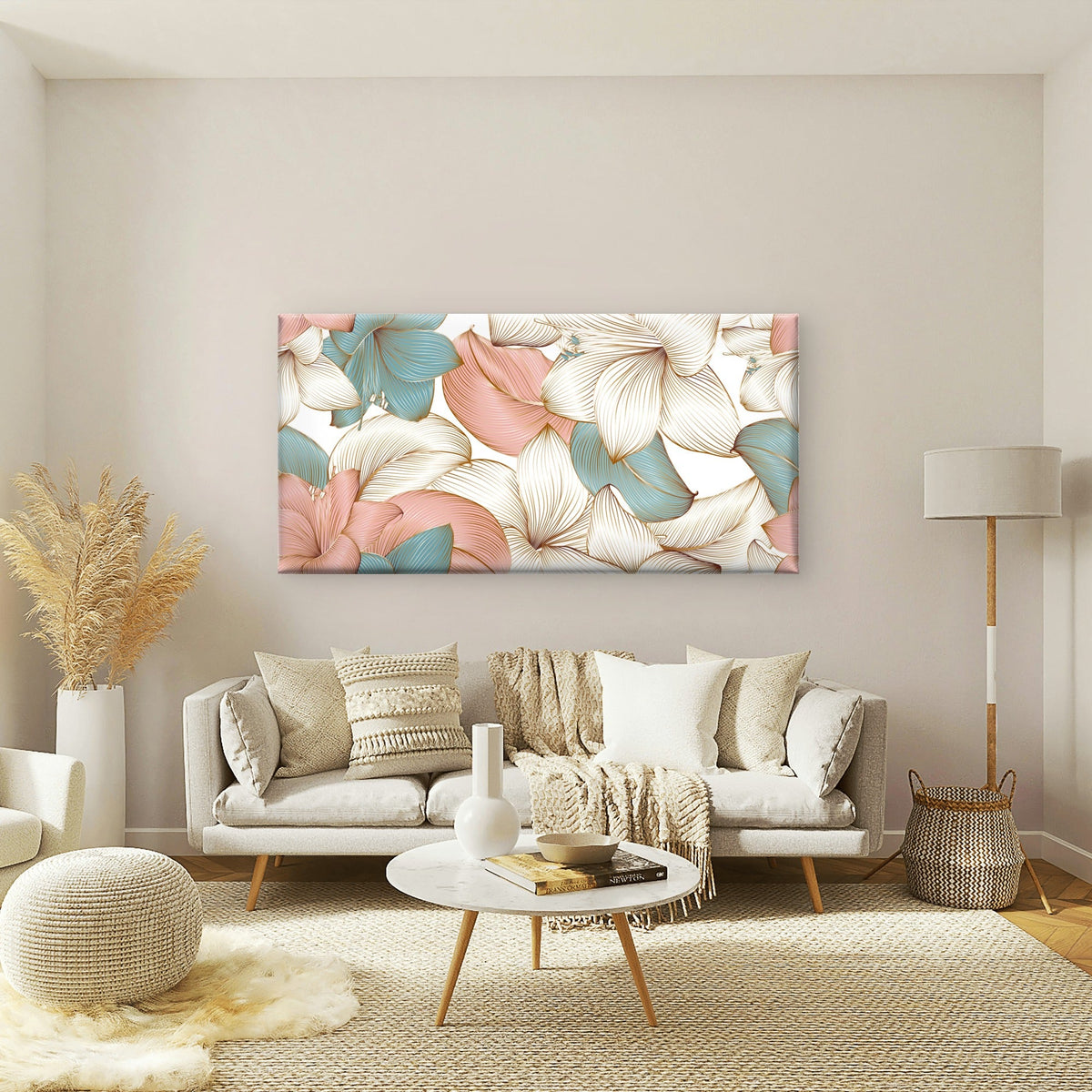 Pink Teal Gold Line Lily Wall Art Canvas Office Home Room Framed 120x60cm