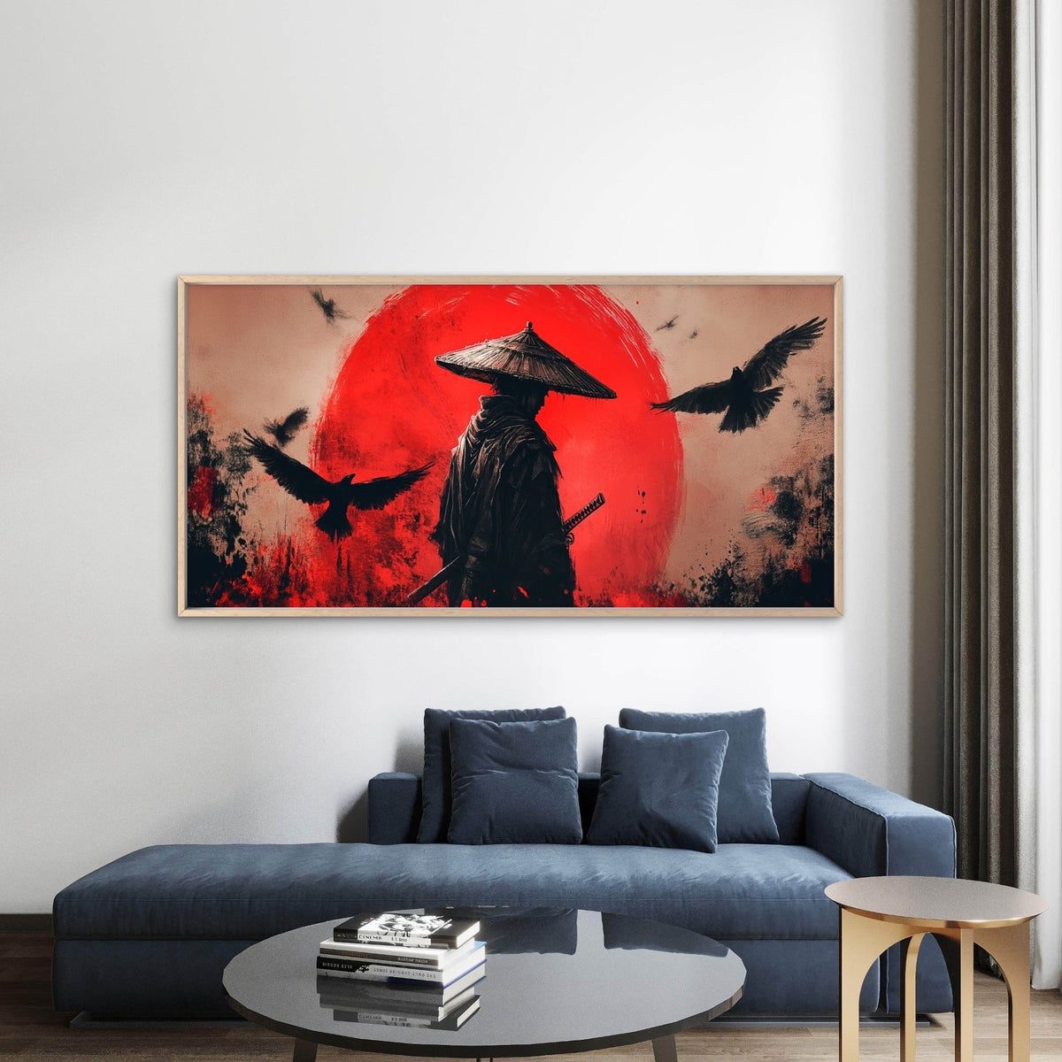 Lone Samurai Against Red Sun Wall Art Canvas Office Home Room Framed 80x45cm