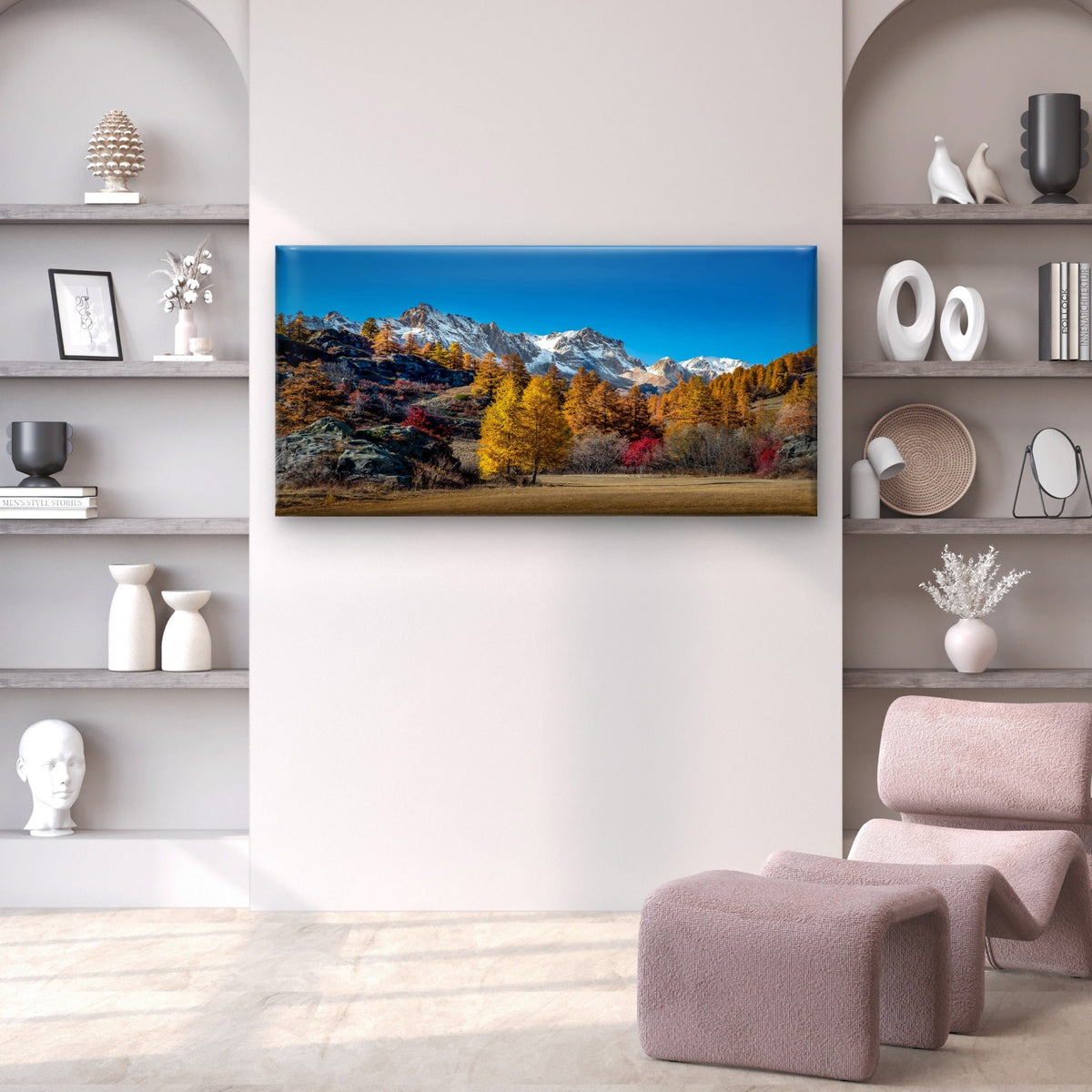 Snowy Mountain Peaks Autumn Foliage Meadow Blue Sky Wall Art Canvas Office Home Room Framed 80x45cm