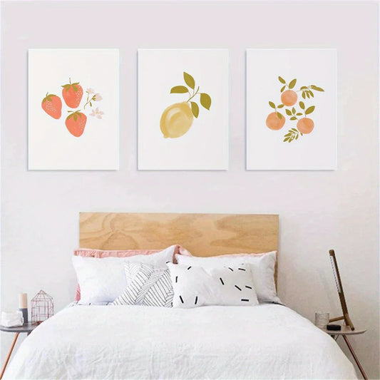 3pcs Watercolor Strawberry, Pear, Apple Classic Design Metal Print Ready to Hang Art