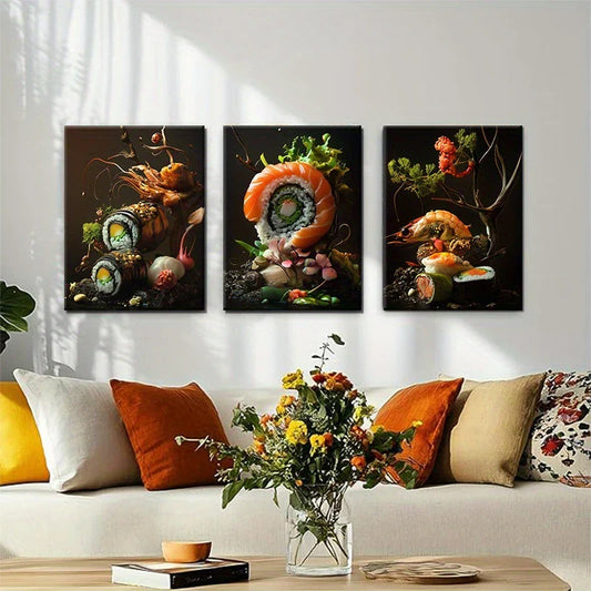 3pcs Contemporary Japanese Cuisine Seafood Painting Metal Print Ready to Hang Art