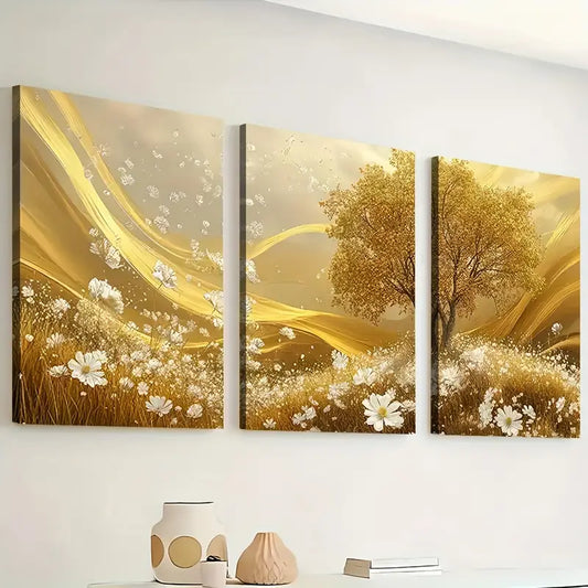 3pcs Golden Grassland Light Luxury Art Calm Wall Art Set Canvas Framed 40x60cm - High Quality Print 100% Australian Made Wall Canvas Ready to Hang