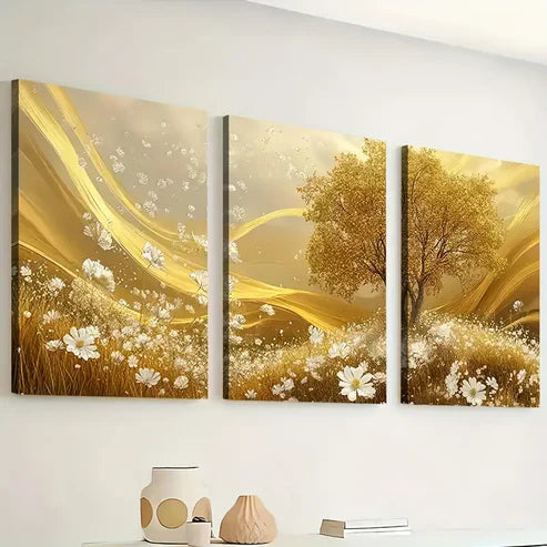 3pcs Golden Grassland Light Luxury Art Calm Wall Art Set Canvas Framed 60x90cm - High Quality Print 100% Australian Made Wall Canvas Ready to Hang