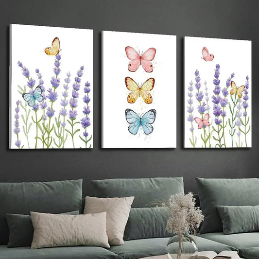 3pcs Lavender Flowers with Colorful Butterflies Metal Print Ready to Hang Art