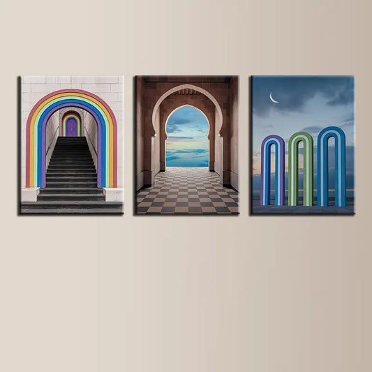 3pcs Whimsical Architectural Designs with Rainbow Metal Print Ready to Hang Art