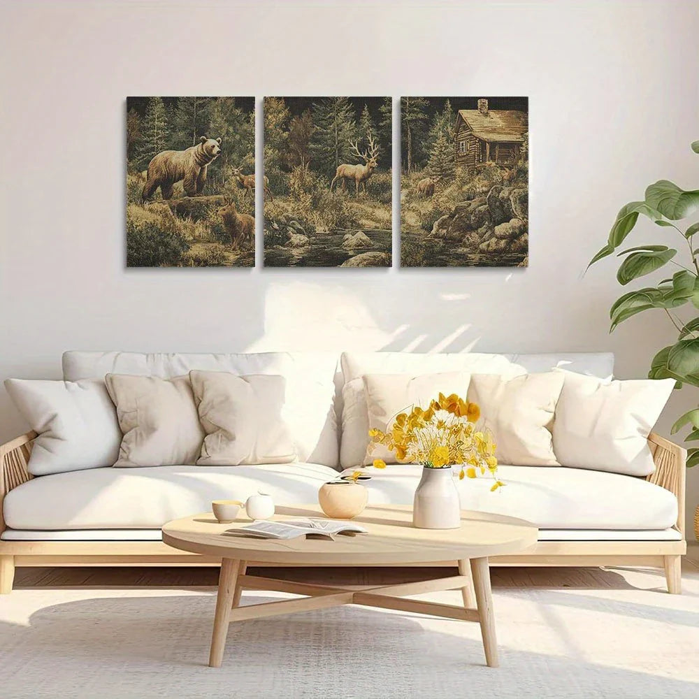 3pcs Rustic Wildlife Deer & Bears with an Old Cabin Metal Print Ready to Hang Art