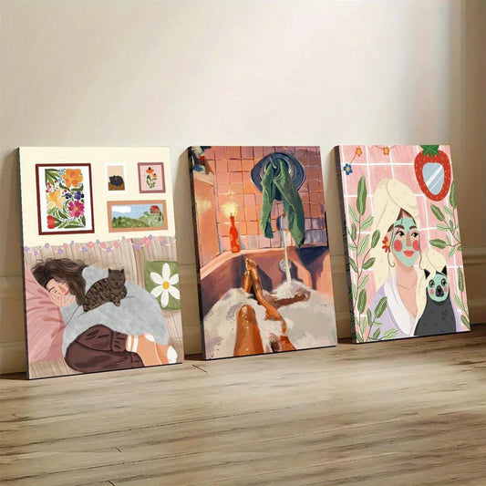 3pcs Woman Laying on a Bed with a Cat, Artistic Figure Metal Print Ready to Hang Art