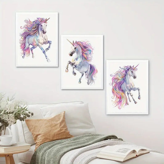 3pcs Vibrant Watercolor Pony Beautiful Unicorn Metal Print Ready to Hang Art