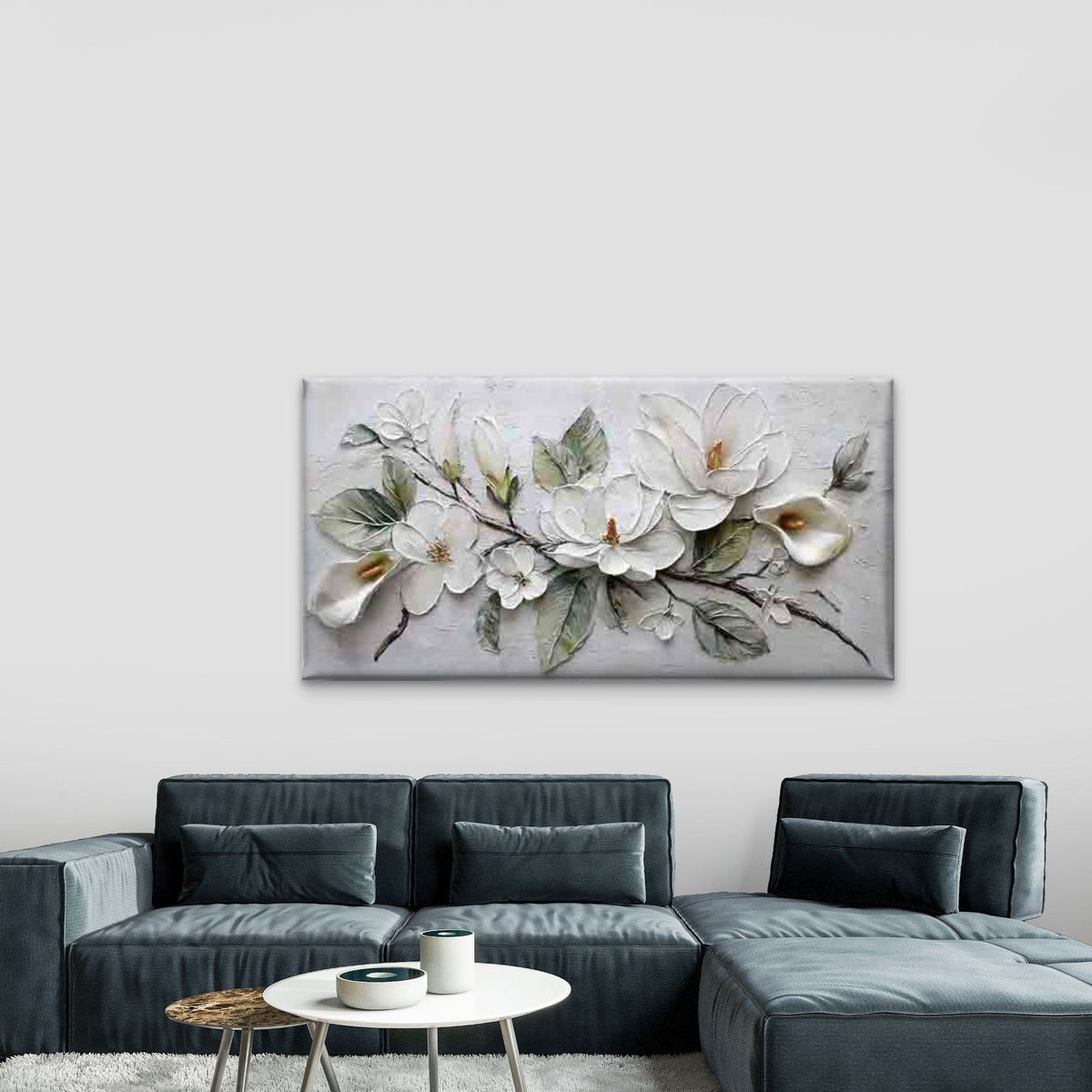 Abstract Design of White Flower Wall Art Canvas Office Home Room Framed 80x45cm