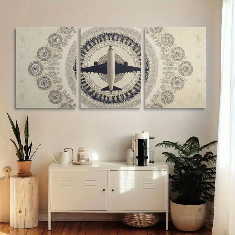 3pcs Aircraft A with an Airplane Motif in the Center Metal Print Ready to Hang Art