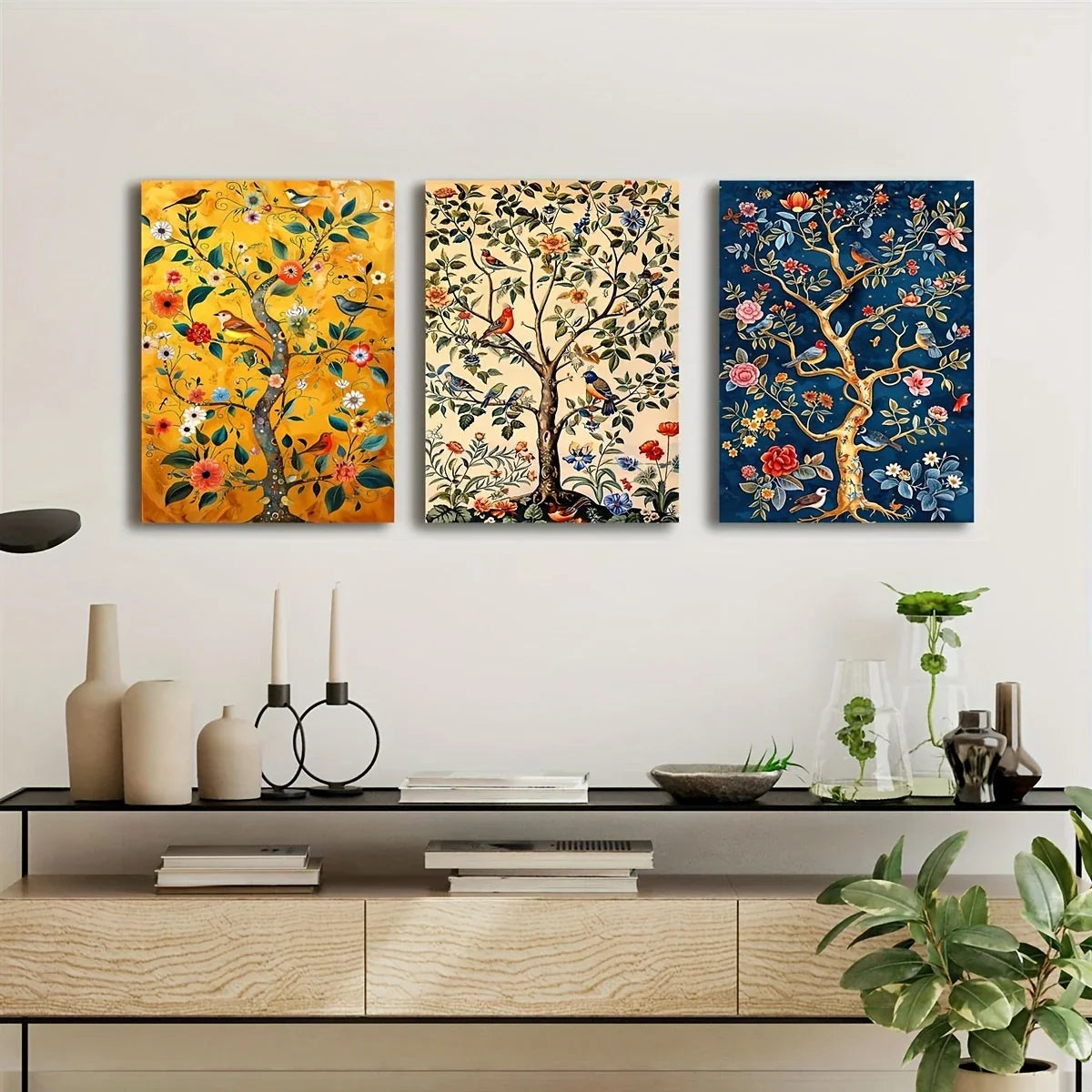 3pcs Tree of Life & Songbirds Classic Design Metal Print Ready to Hang Art