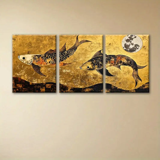 3pcs Goldenfish Contemporary Style Golen Painting Metal Print Ready to Hang Art