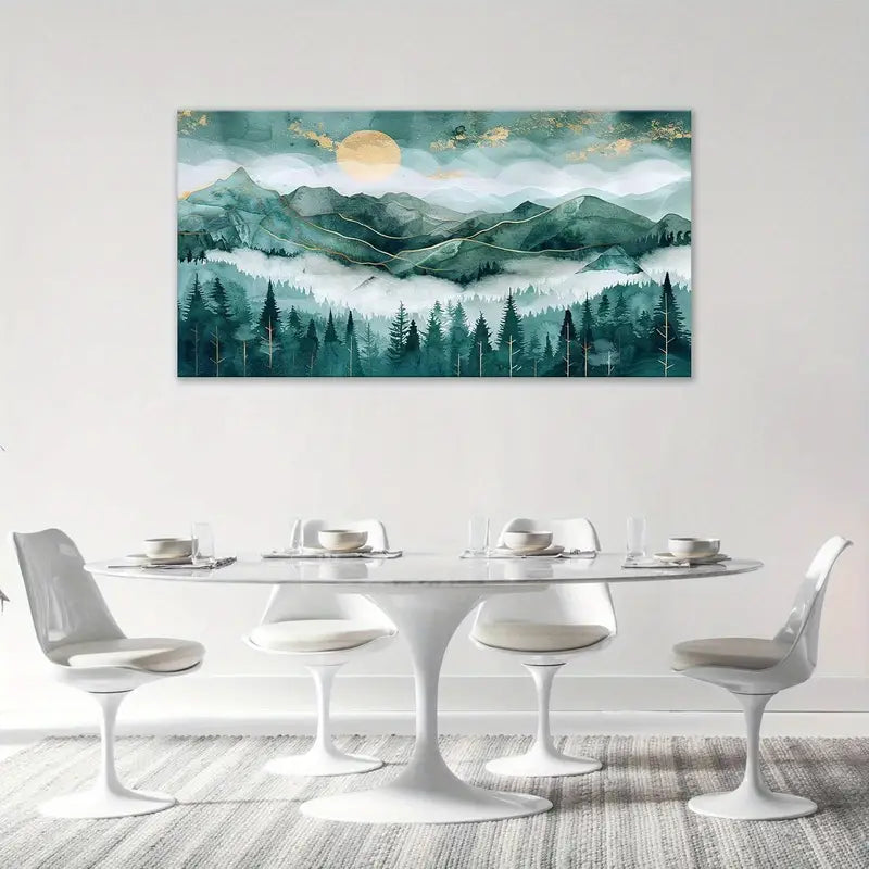 Abstract Forest Pine Trees & Golden Sun Wall Art canvas office home room framed 120x60cm
