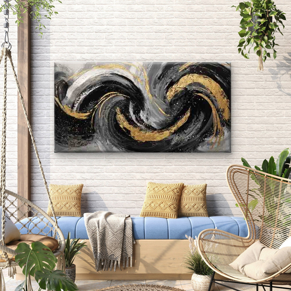 Abstract Black White Golden Wall Art Canvas Office Home Room Framed 80x45cm