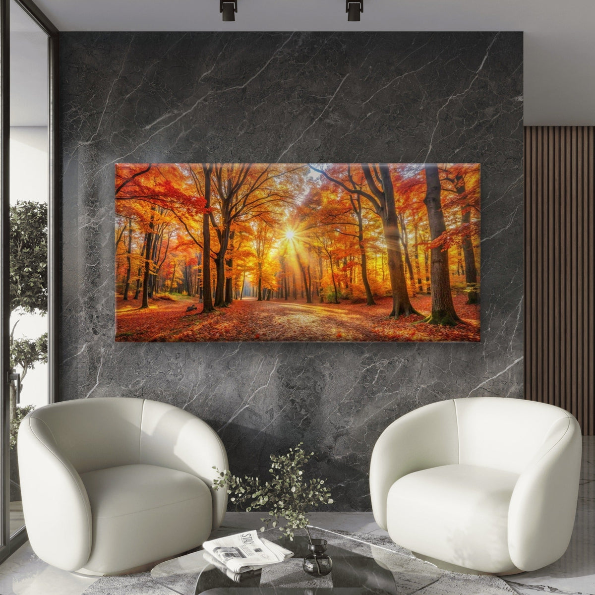 Golden Autumn Forest Path Wall Art Canvas Office Home Room Framed 80x45cm