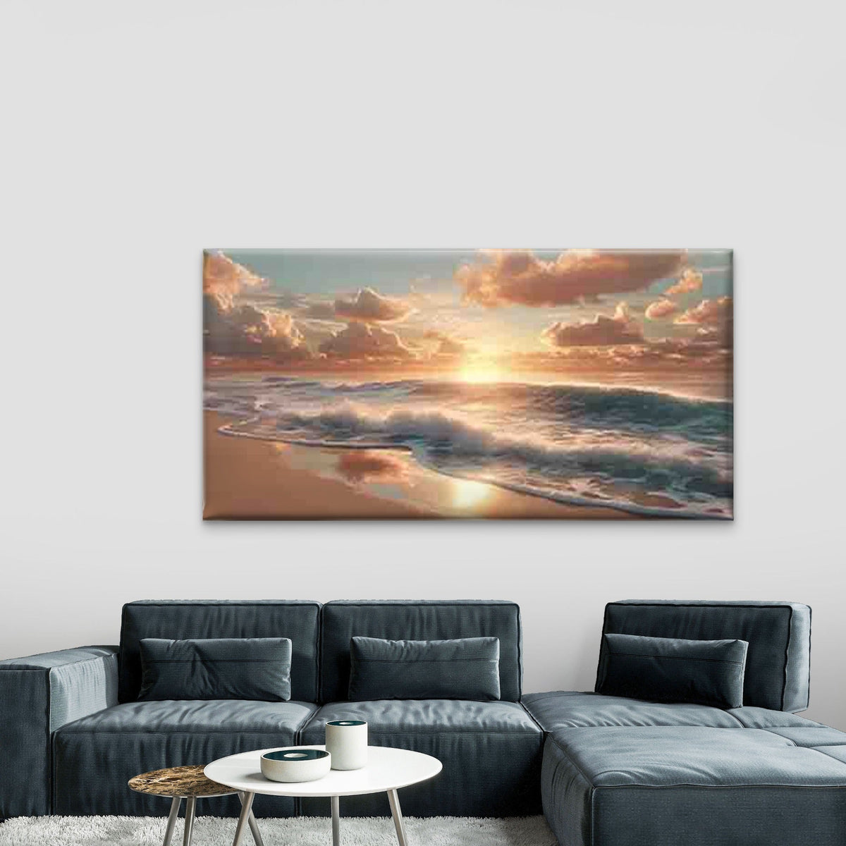 Beach Sunset, with Golden Sun Wall Art Canvas Office Home Room Framed 80x45cm