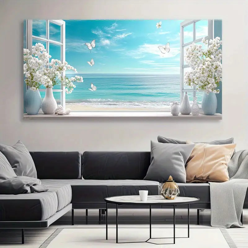Coastal Beach Scene with Butterflies and Flowers Wall Art wall canvas office home room framed 120x60cm