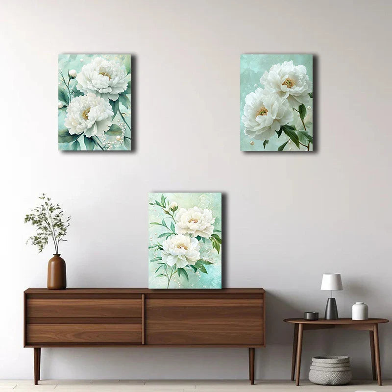 3pcs White Blossom Roses Greenery Elegant Metal Print Ready to Hang Art