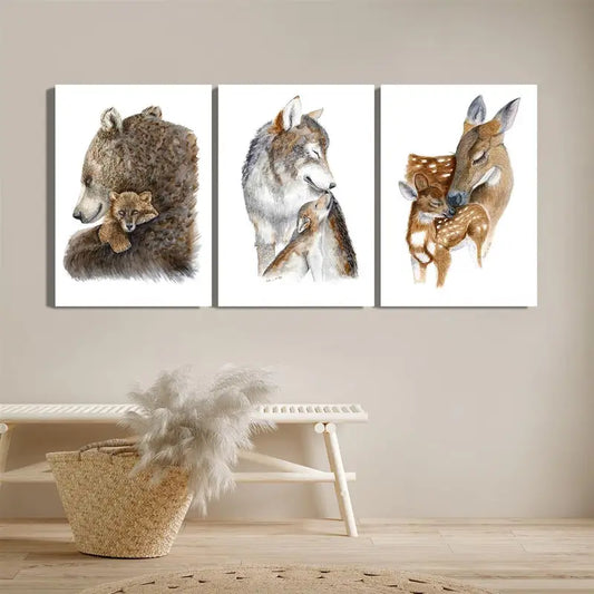 3pcs Grizzly Bear, Wolf, Deer, Minimalism, Wildlife Metal Print Ready to Hang Art