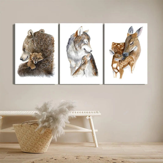 3pcs Grizzly Bear, Wolf, Deer, Minimalism, Wildlife Metal Print Ready to Hang Art