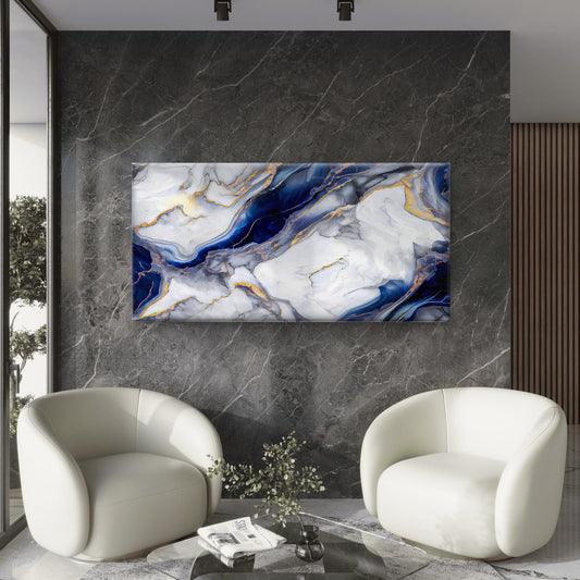 Abstract Marble Navy Blue White Wall Art Canvas Office Home Room Framed 80x45cm
