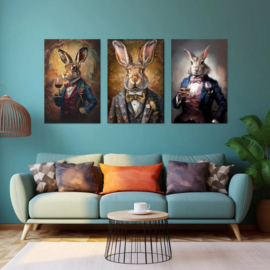 3pcs Elegant Dapper Rabbit Whimsical Animal Classic Design Metal Print Ready to Hang Art