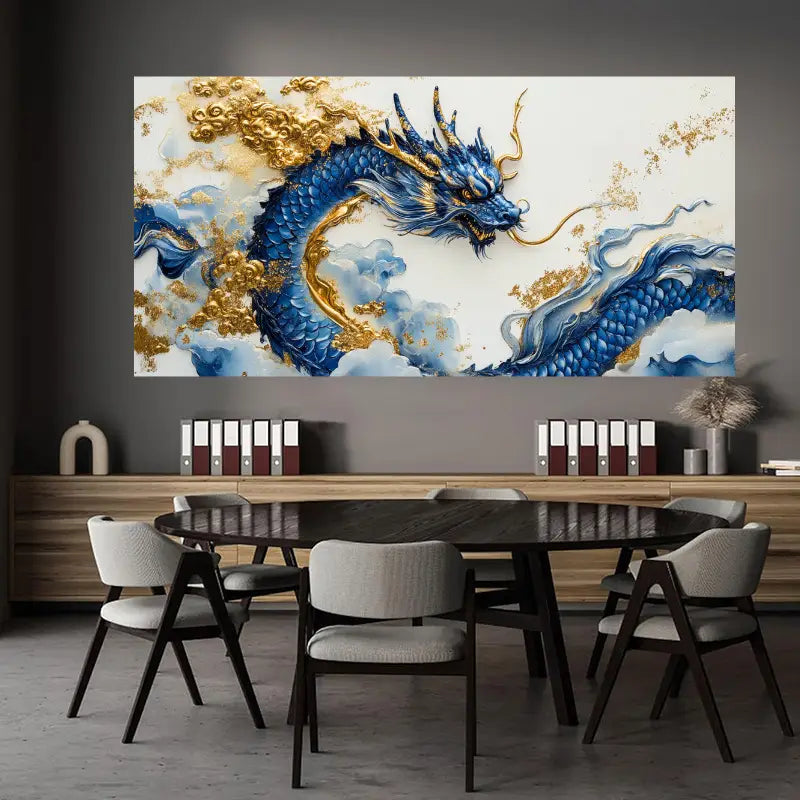 Blue and Gold Dragon Wall Art wall canvas office home room framed 120x60cm