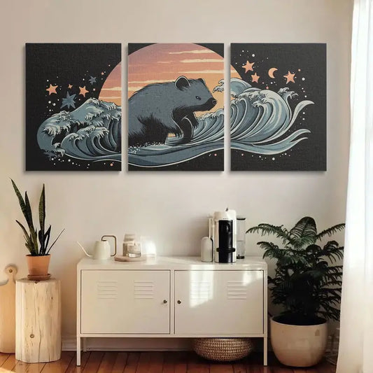 3pcs Wombat & Ocean Black Abstract Classic Design Metal Print Ready to Hang Art