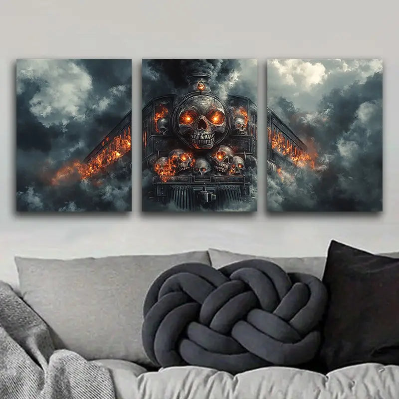 3pcs Skull Steam Train Metal Print Ready to Hang Art